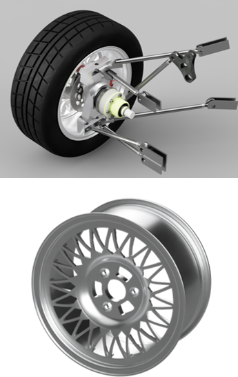 Rendered suspension assembly on Fusion 360 + Rim design
